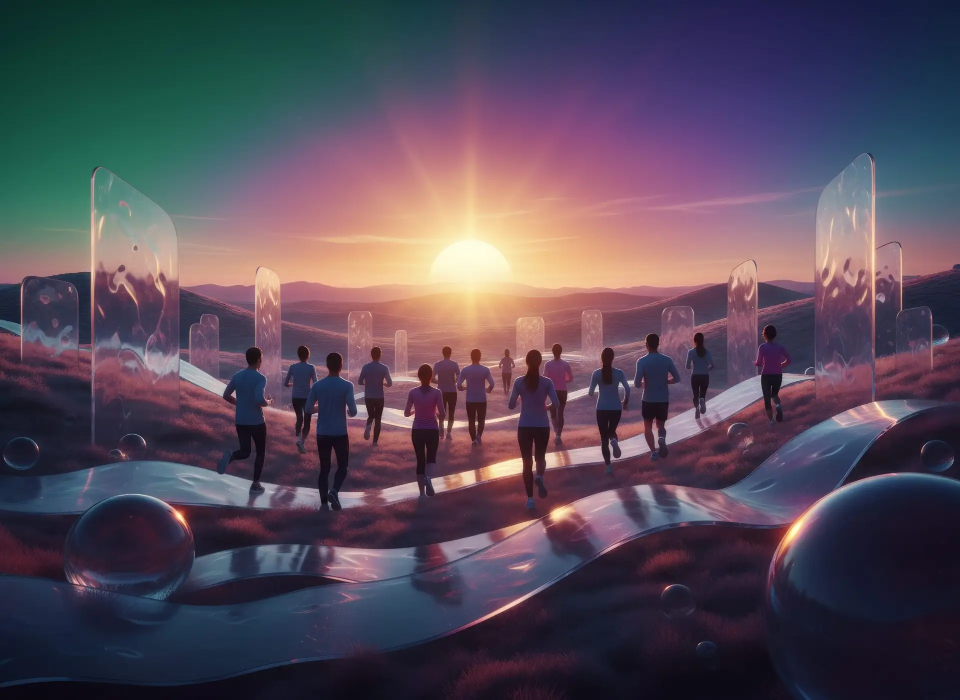 People running towards sunrise